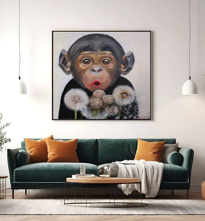 Vibrant SURPRISED MONKEY, COMIC POSTERS artwork featuring a whimsical monkey holding dandelions, perfect for any art collection.