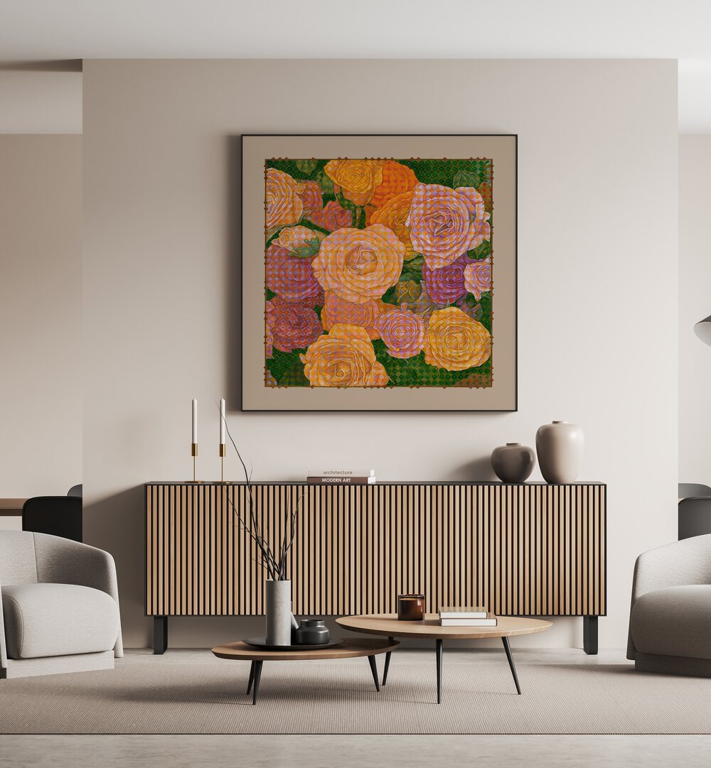 Vibrant GRID OF BEAUTY - ROSES, FLORAL FLOWER PAINTINGS adorning a modern living room for a touch of elegance.