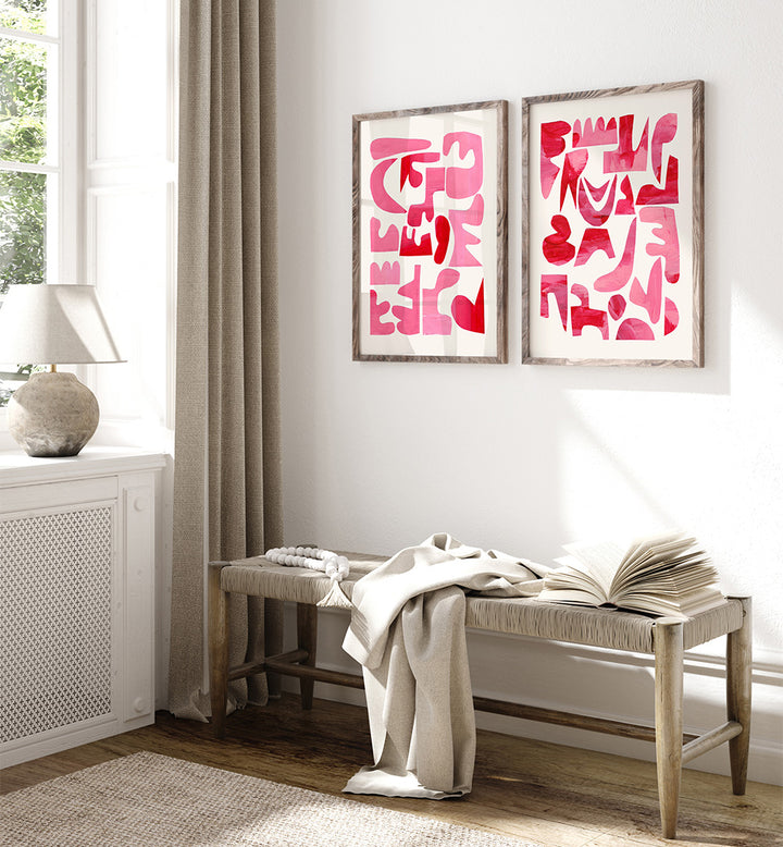 Room interior with a wooden bench, lamp, and abstract pink art on the wall.