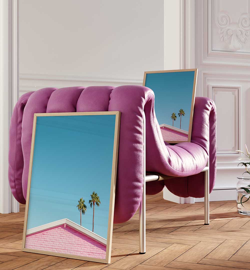 PINK ROOFLINE WITH PALM TREES , PHOTOGRAPHY PRINTS