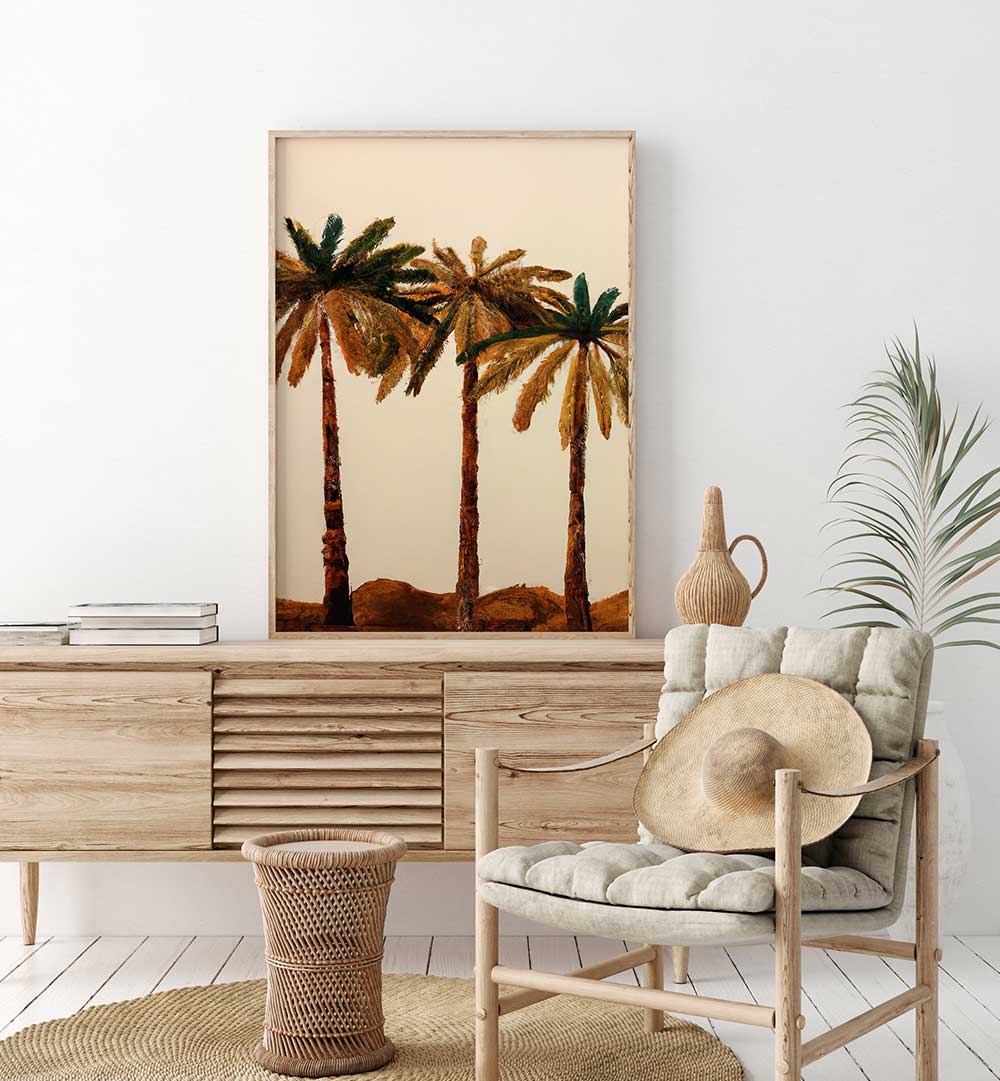PALM TRIO , BEACH PAINTINGS featuring three palm trees with warm earthy tones enhancing coastal home decor.