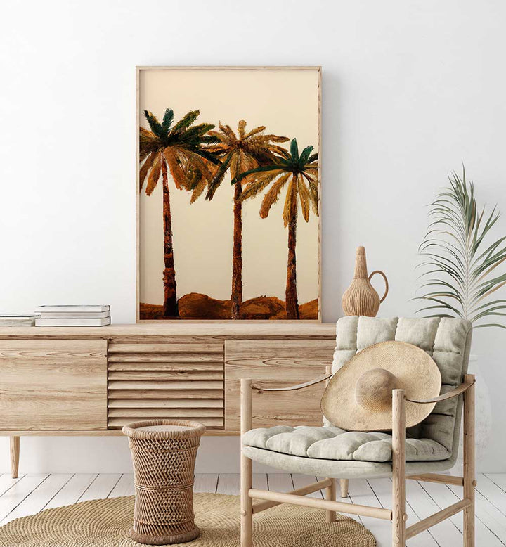 PALM TRIO , BEACH PAINTINGS featuring three palm trees with warm earthy tones enhancing coastal home decor.