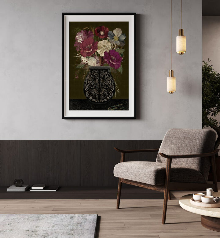 Elegant VINTAGE BOUQUET, FLORAL FLOWER PAINTINGS adorning a stylish living space with dried flowers in a decorative vase.