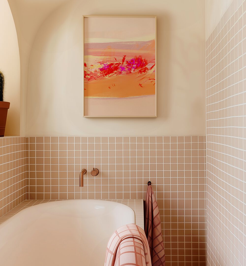 Stylish bathroom featuring TORRID DAY III, ABSTRACT PAINTINGS, adding vibrant color and elegance to the space.