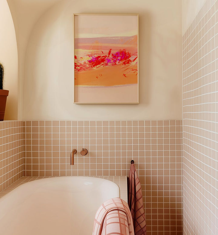 Stylish bathroom featuring TORRID DAY III, ABSTRACT PAINTINGS, adding vibrant color and elegance to the space.