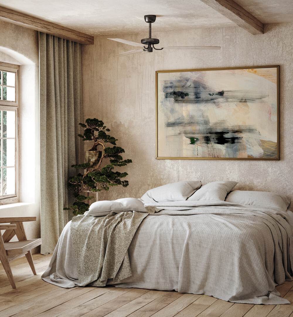 Ethereal Strokes, Abstract Paintings enhance a cozy bedroom with modern art and natural decor elements.