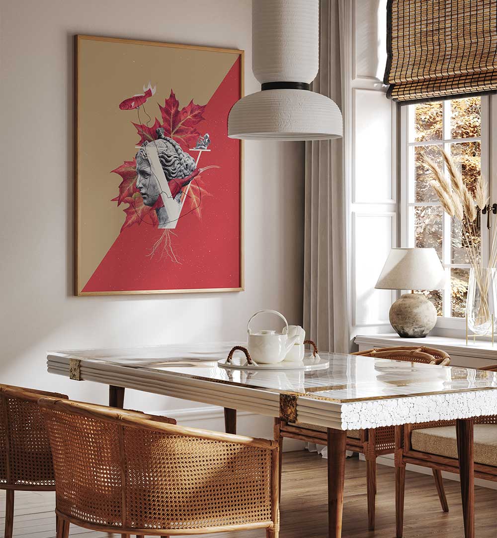 Stylish dining area featuring VENUS, SURREAL ART PRINTS with vibrant red and gold elements enhancing the decor.