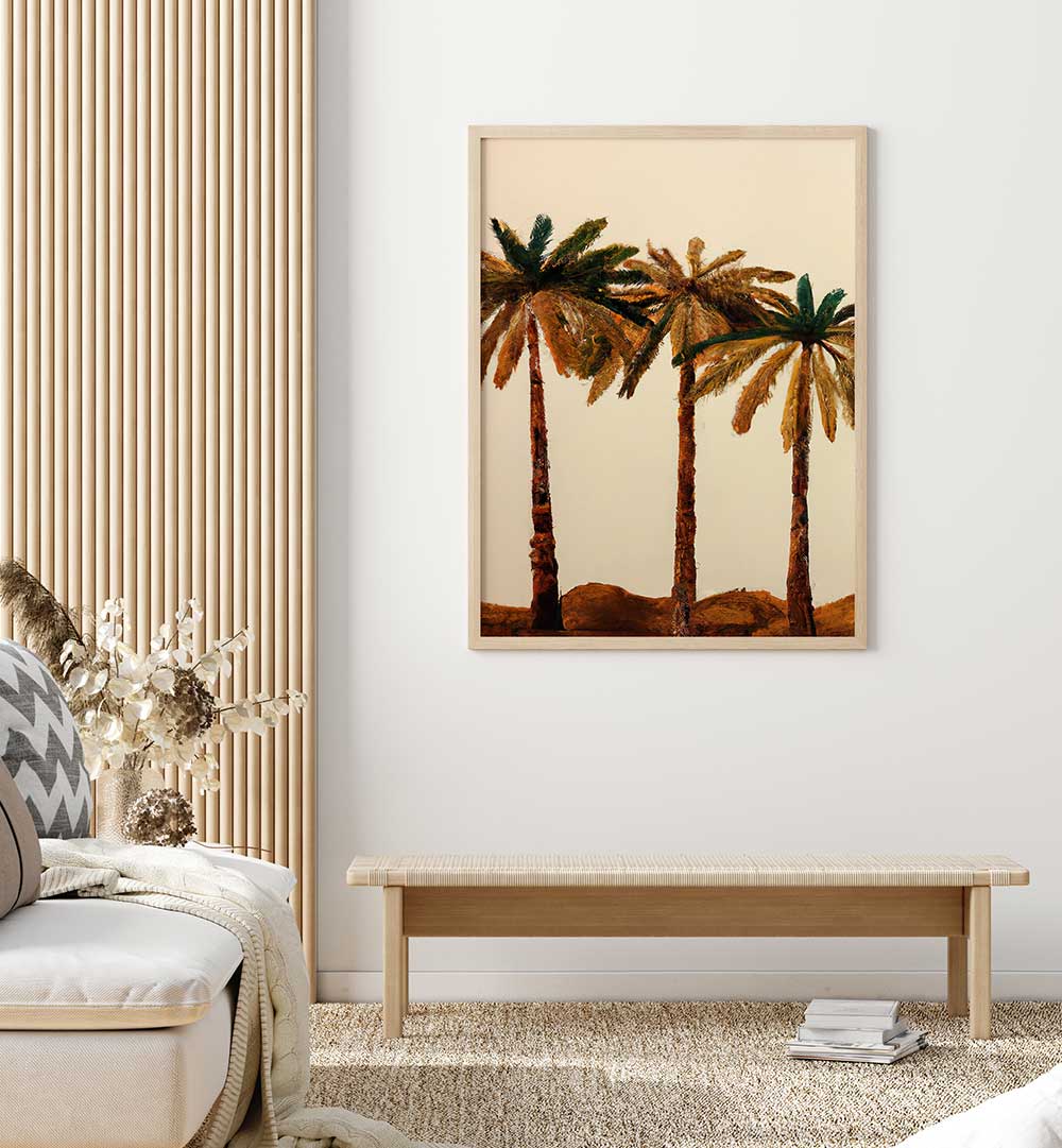 PALM TRIO , BEACH PAINTINGS featuring three palm trees in warm tones enhancing a modern coastal living space.