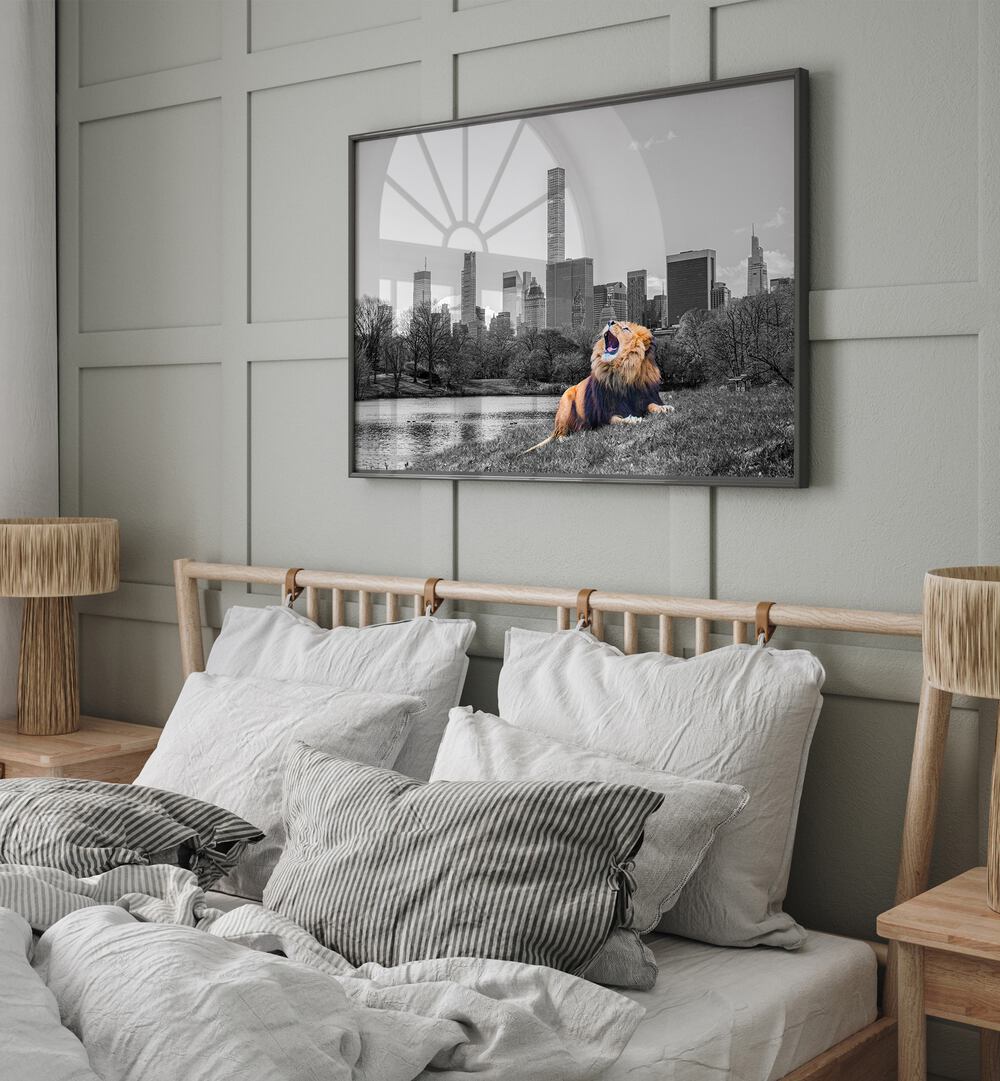 Vibrant NEW YORK ROAR, ANIMAL PAINTINGS featuring a lion in front of a city skyline, perfect for urban decor.