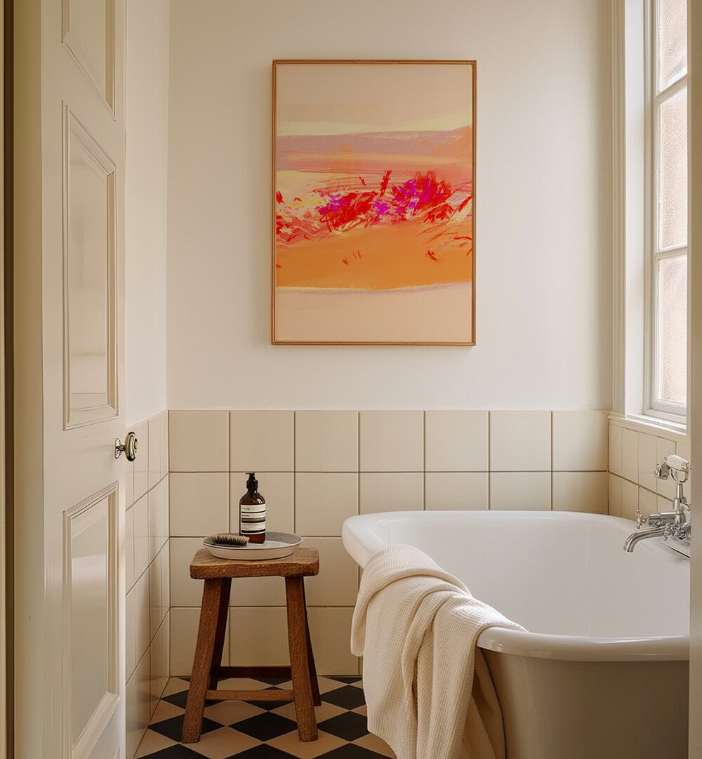 Bright and vibrant TORRID DAY III, ABSTRACT PAINTINGS enhancing a stylish bathroom decor with modern elegance.