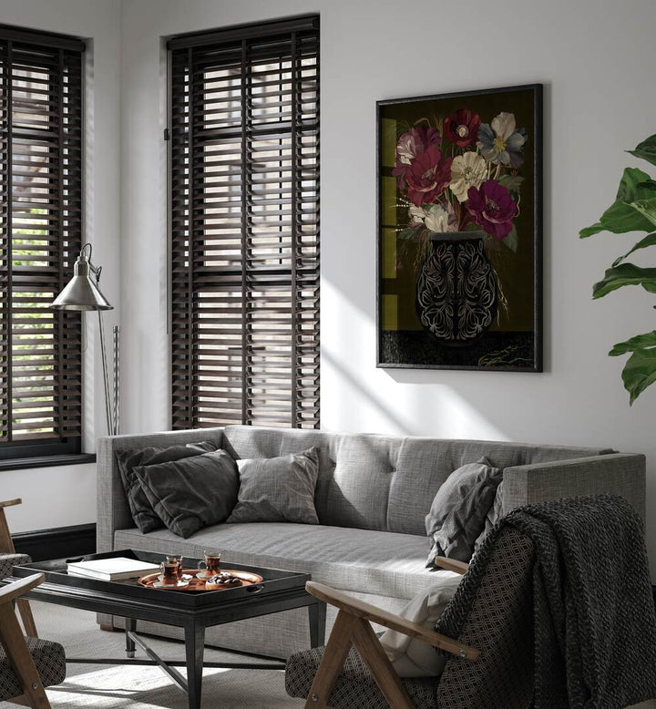 Stunning VINTAGE BOUQUET, FLORAL FLOWER PAINTINGS displayed in a stylish living room, enhancing modern decor elegance.
