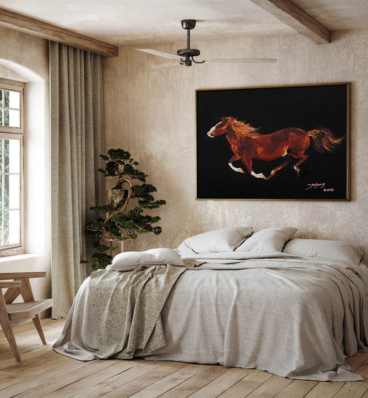 Stunning HORSE II, ANIMAL PAINTINGS displayed above a cozy bed, enhancing the room's artistic charm.
