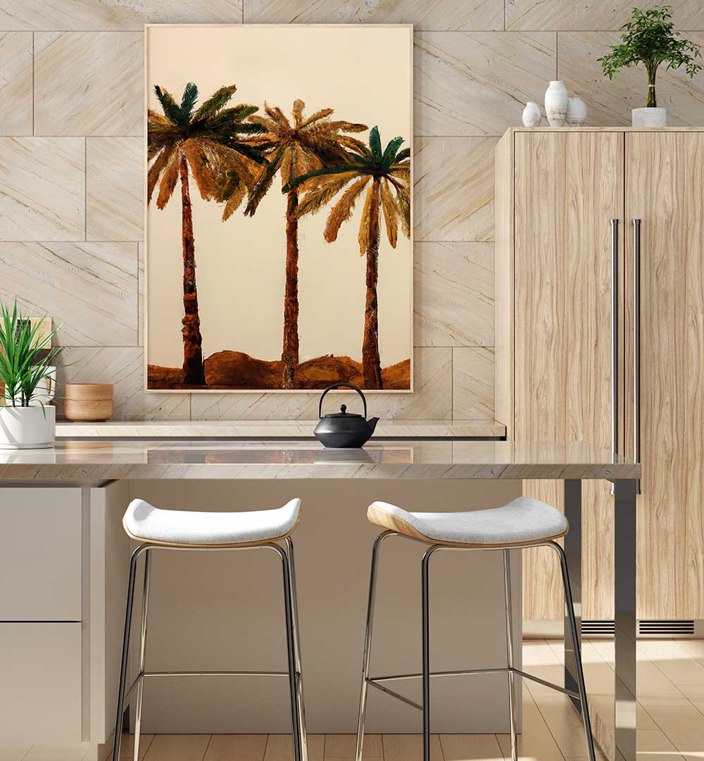 PALM TRIO , BEACH PAINTINGS showcase three palm trees in warm tones, adding tropical serenity to modern home decor.