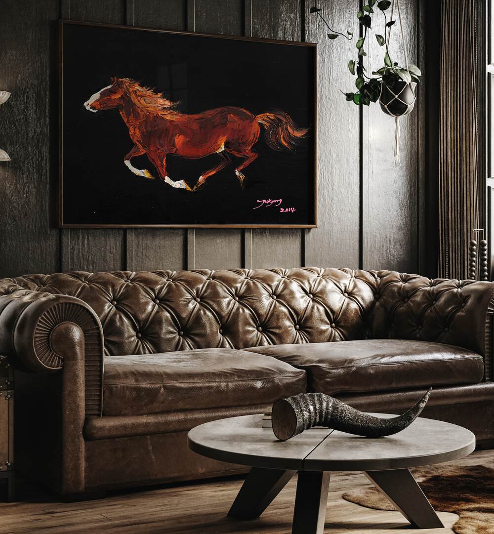 Dynamic HORSE II, ANIMAL PAINTINGS showcased in a stylish living room with elegant furnishings. Perfect for art lovers!