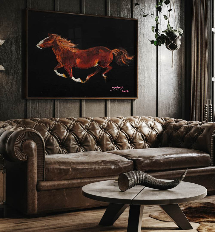 Dynamic HORSE II, ANIMAL PAINTINGS showcased in a stylish living room with elegant furnishings. Perfect for art lovers!