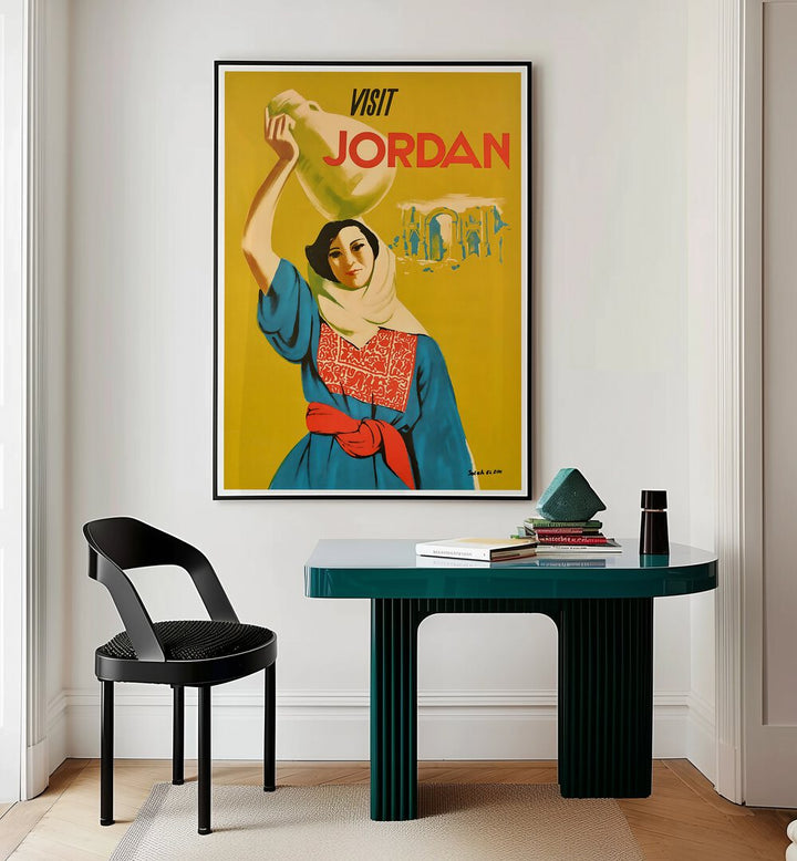 Colorful VISIT JORDAN, VINTAGE TRAVEL POSTERS enhance your space, showcasing Jordan's rich culture and stunning landscapes.