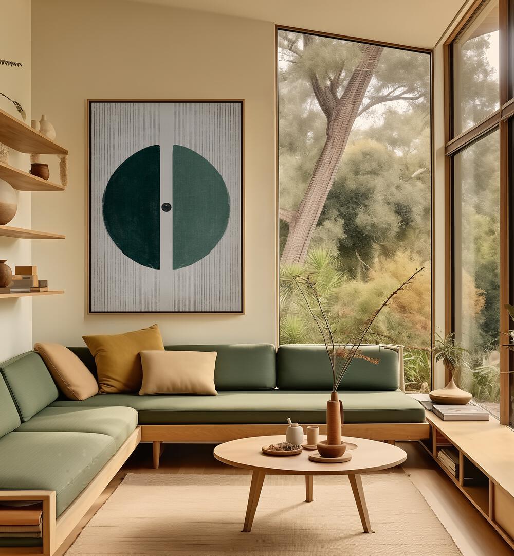 Stylish living room featuring MYTHICAL UNIVERSE, GEOMETRIC ART PRINTS, enhancing the space with bold, abstract designs.