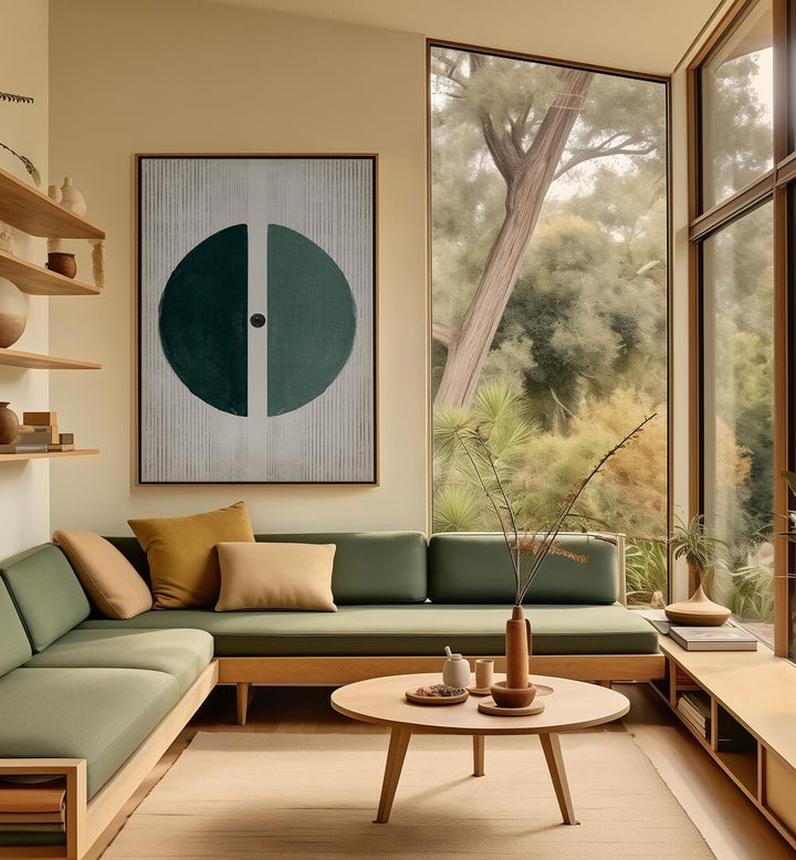 Stylish living room featuring MYTHICAL UNIVERSE, GEOMETRIC ART PRINTS, enhancing the space with bold, abstract designs.