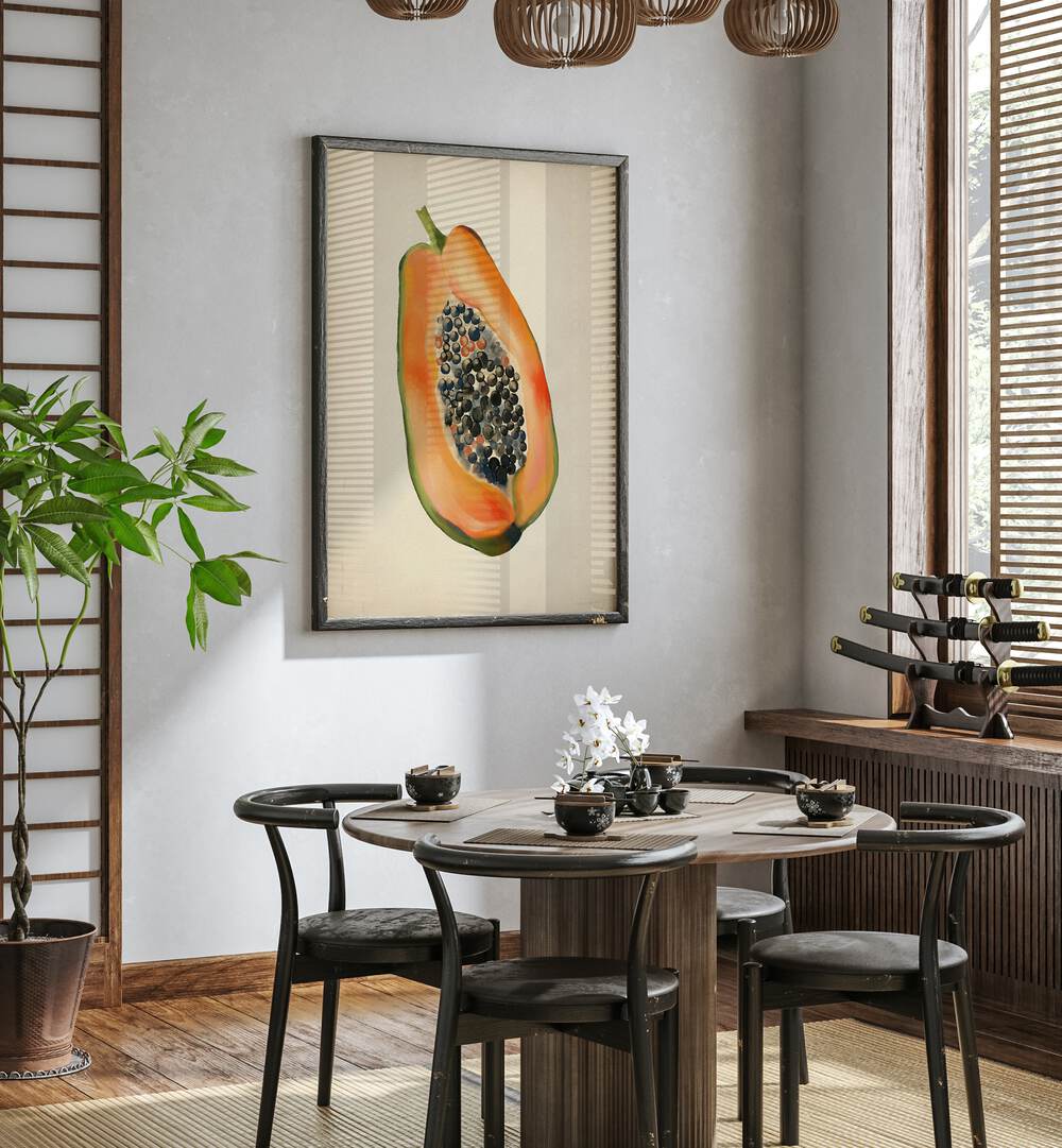 Enhance your kitchen decor with VINTAGE FRUIT- PAPAYA, KITCHEN POSTERS showcasing a vibrant papaya artwork.