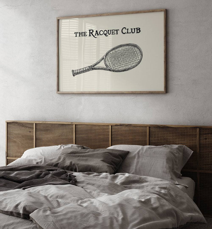 Vintage Tennis Racquet Illustration, Sports Posters displayed in a stylish setting, perfect for tennis enthusiasts.