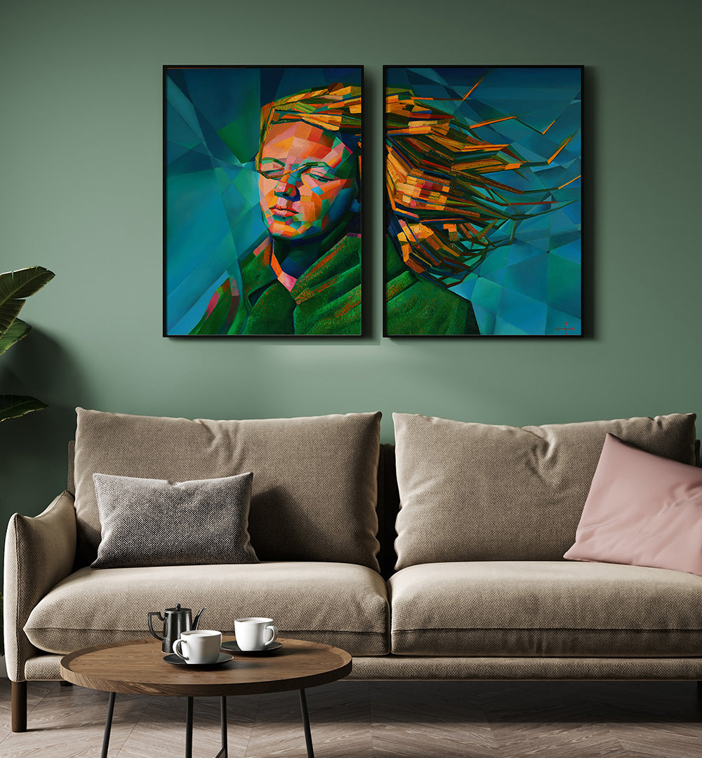 Living room with a beige sofa, round coffee table, and two abstract paintings on a green wall.