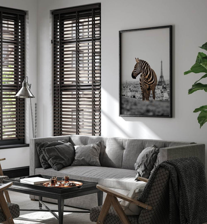 Explore the allure of NO WAY HOME, ANIMAL PAINTINGS featuring a striking zebra in a chic living space.