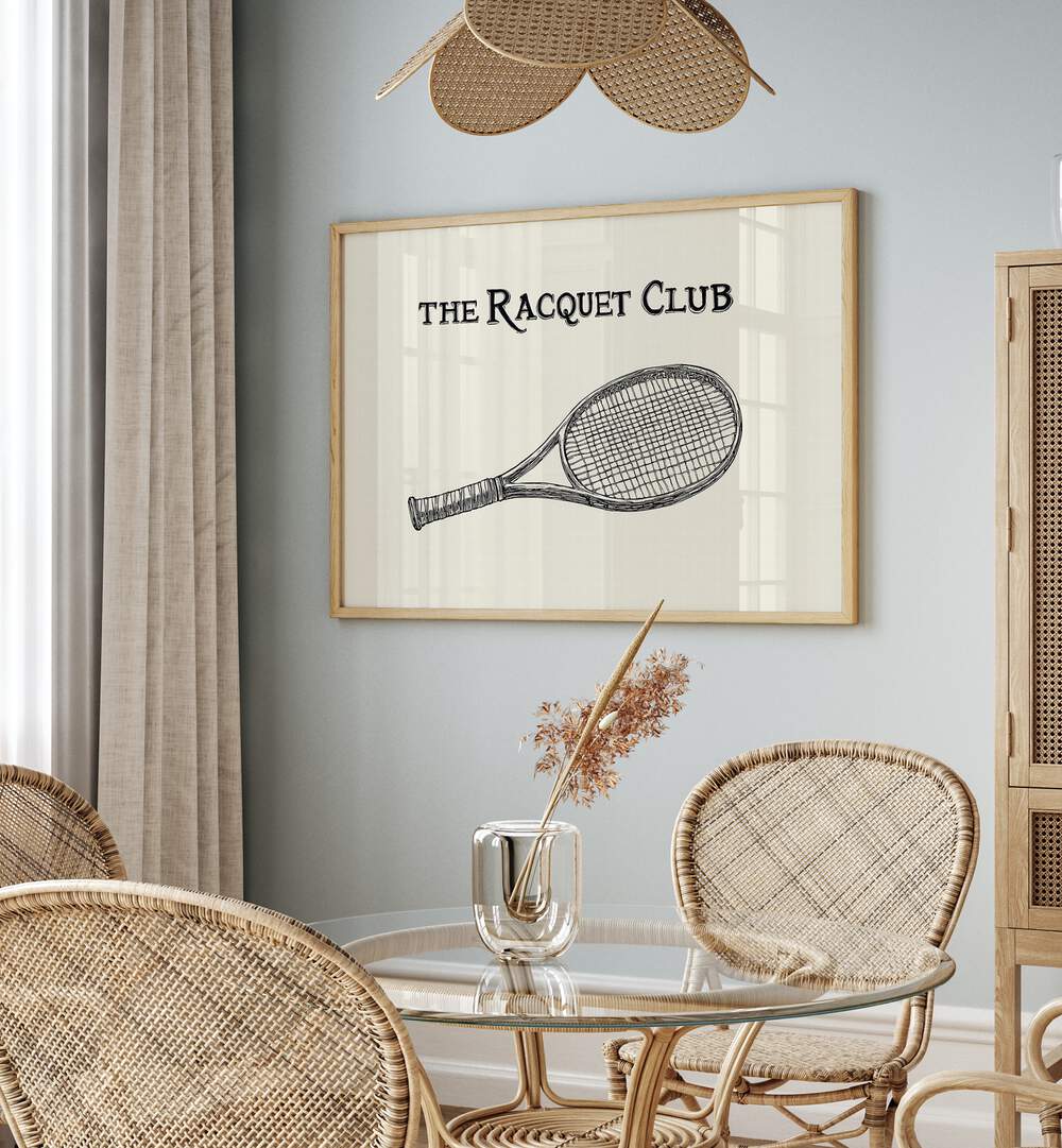 Classic VINTAGE TENNIS RACQUET ILLUSTRATION, SPORTS POSTERS artwork enhancing a stylish space, perfect for tennis lovers.