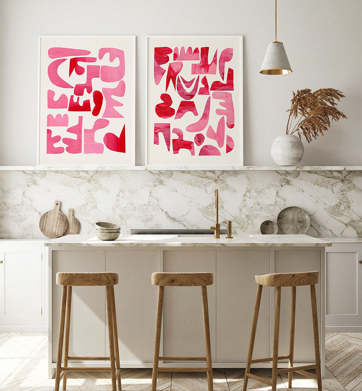 Modern kitchen with abstract pink artwork on the wall