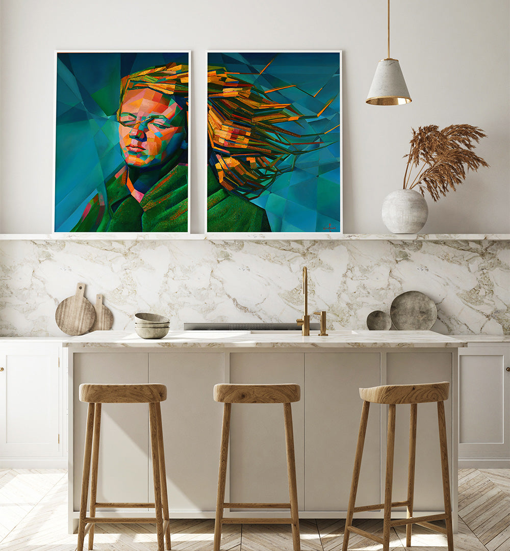 Modern kitchen with marble countertop, wooden stools, and abstract wall art.