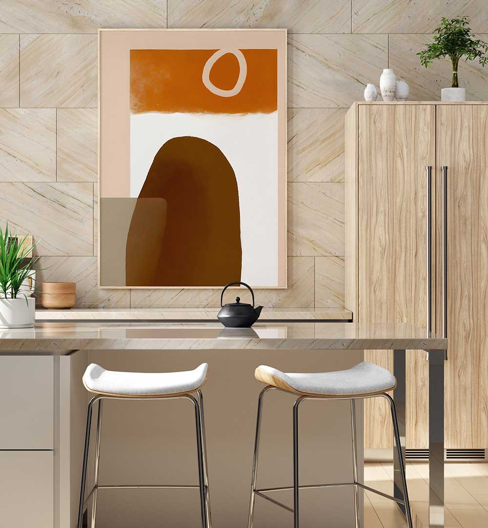 PETRA , ABSTRACT PAINTINGS with warm earth tones and organic shapes enhance modern kitchens at The Artistry Loft.