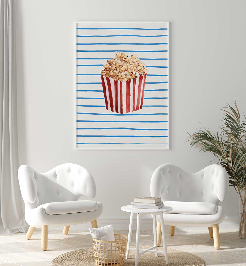 POPCORN TIME , BAR artwork featuring striped popcorn bucket on blue lines, perfect for modern cafe and bar decor