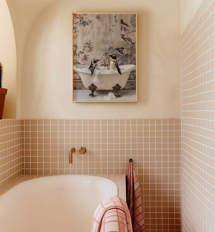 PENGUIN PALS IN A BUBBLE BATH , BATHROOM ART PRINTS