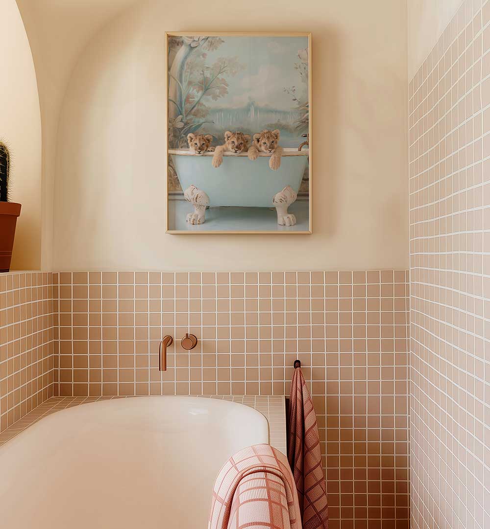 BLUE LAGOON LION CUBS , BATHROOM ART PRINTS