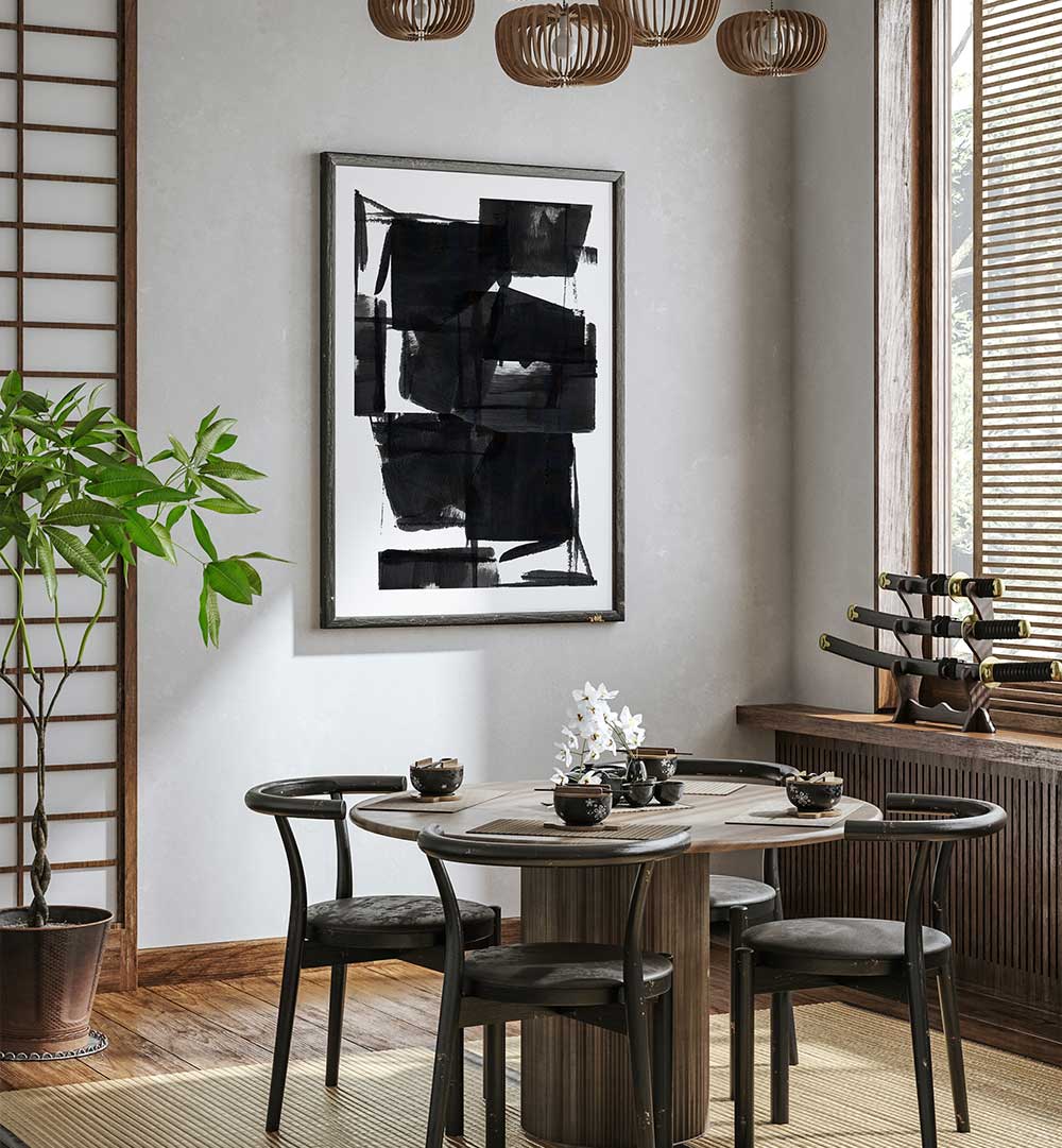 Elegant dining space featuring ABSTRACT COMPOSITION VIII, ABSTRACT PAINTINGS, adding vibrancy and sophistication.