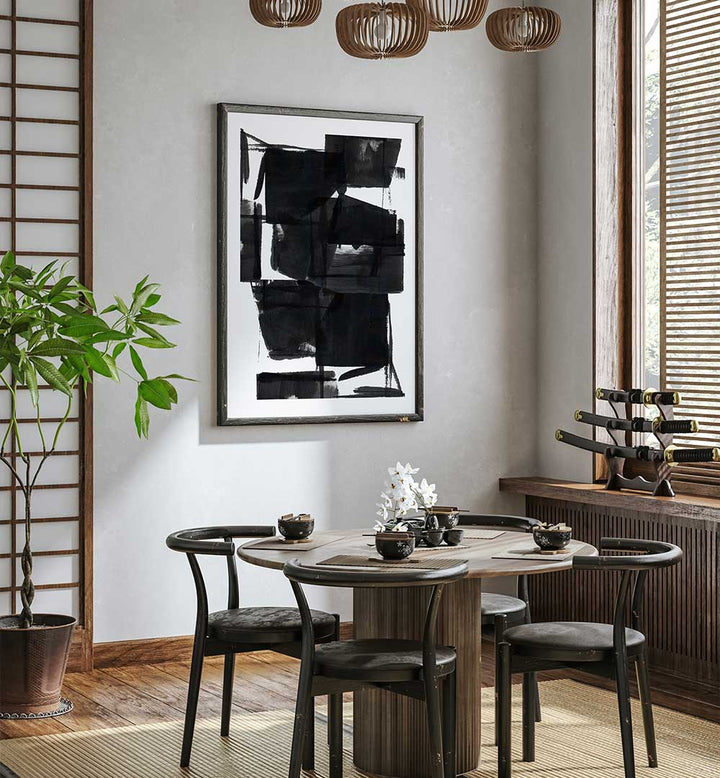 Elegant dining space featuring ABSTRACT COMPOSITION VIII, ABSTRACT PAINTINGS, adding vibrancy and sophistication.