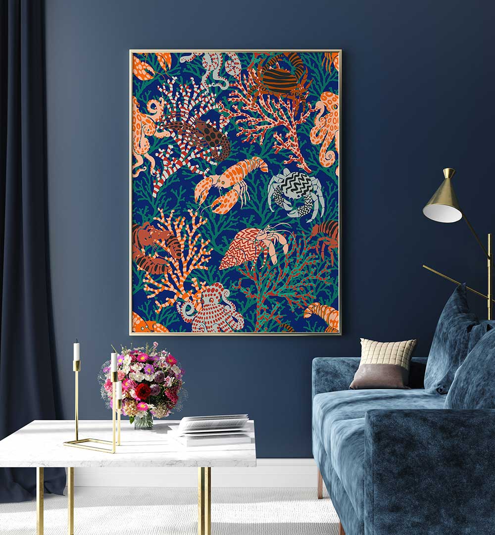 VIBRANT CORAL II, BEACH PAINTINGS adorn a wall, showcasing colorful marine life for a serene coastal vibe.