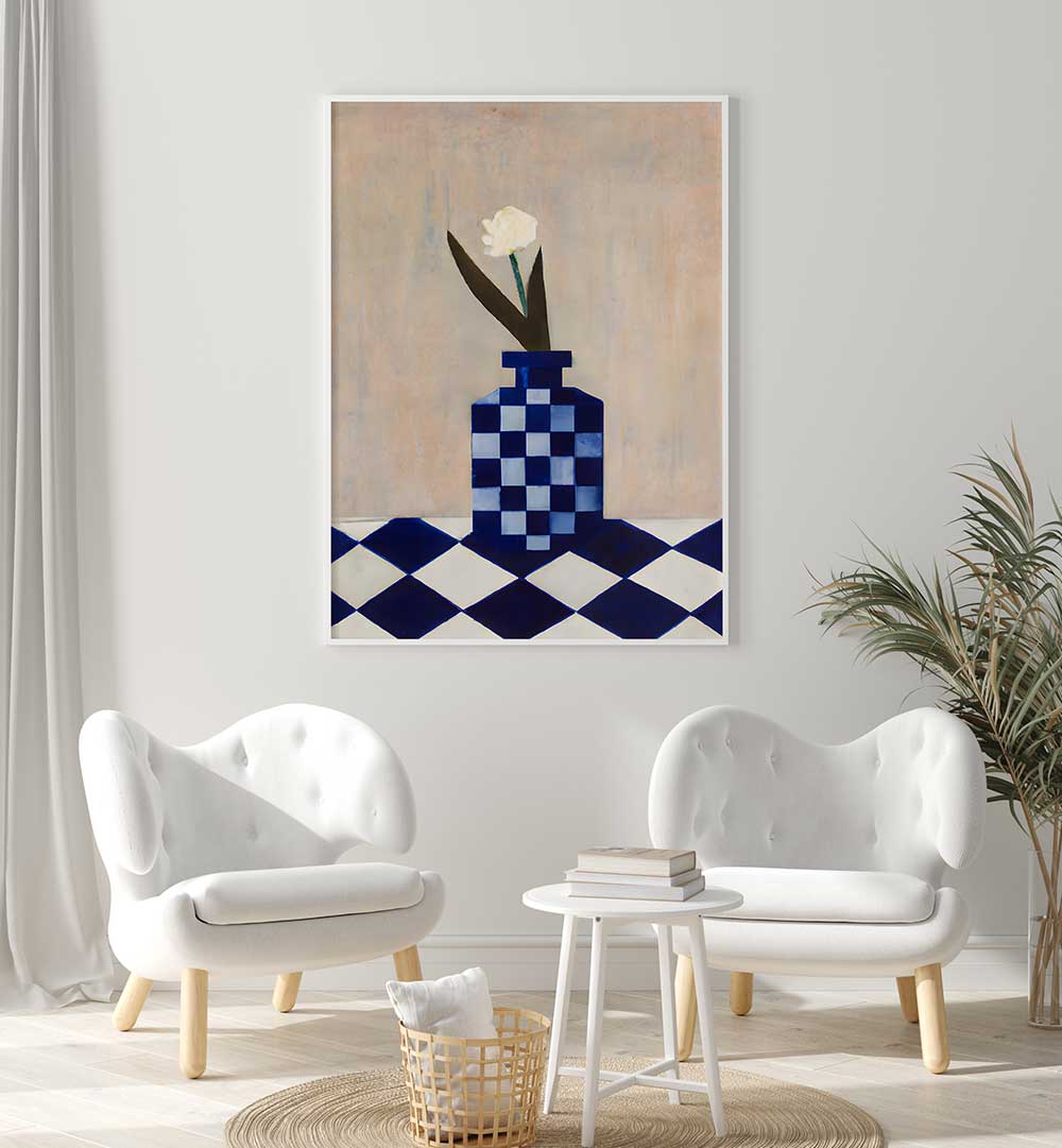 CHECK THE VASE , KITCHEN POSTERS featuring blue checkered vase and white flower adding charm to modern kitchen decor
