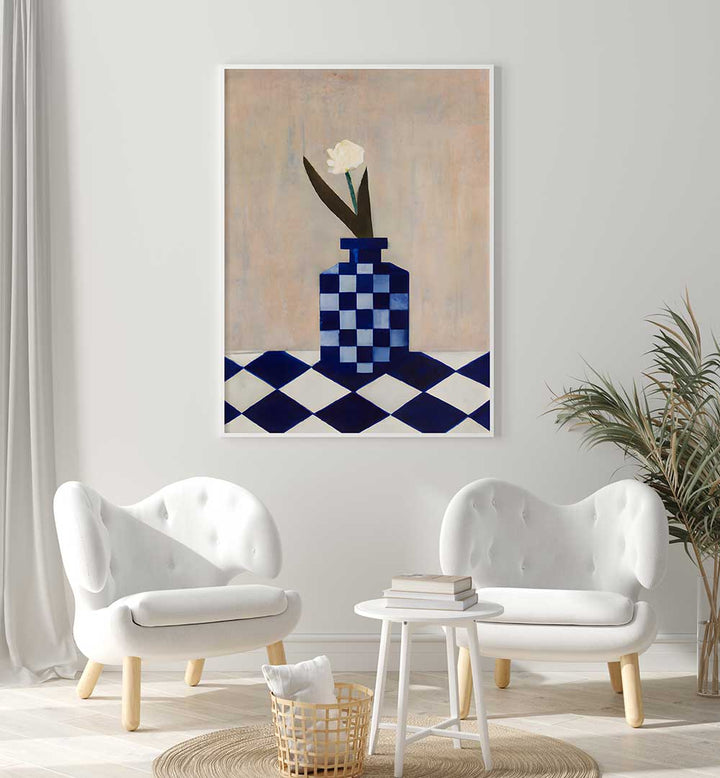 CHECK THE VASE , KITCHEN POSTERS featuring blue checkered vase and white flower adding charm to modern kitchen decor