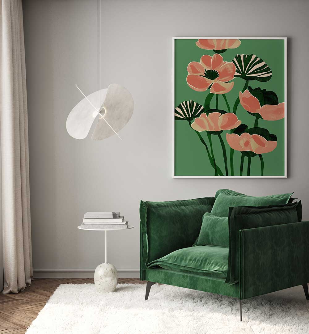 CORAL POPPIES ON GREEN , FLORAL FLOWER PAINTINGS