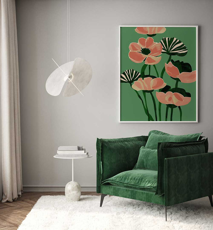 CORAL POPPIES ON GREEN , FLORAL FLOWER PAINTINGS