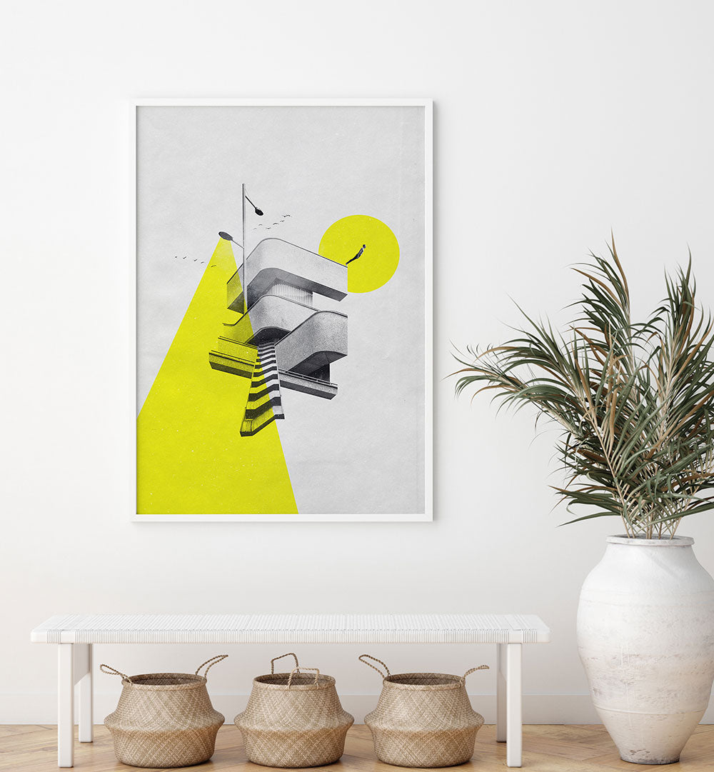 Stylish FIRST STEP, SURREAL ART PRINTS featuring bold colors and geometric shapes, perfect for modern decor.