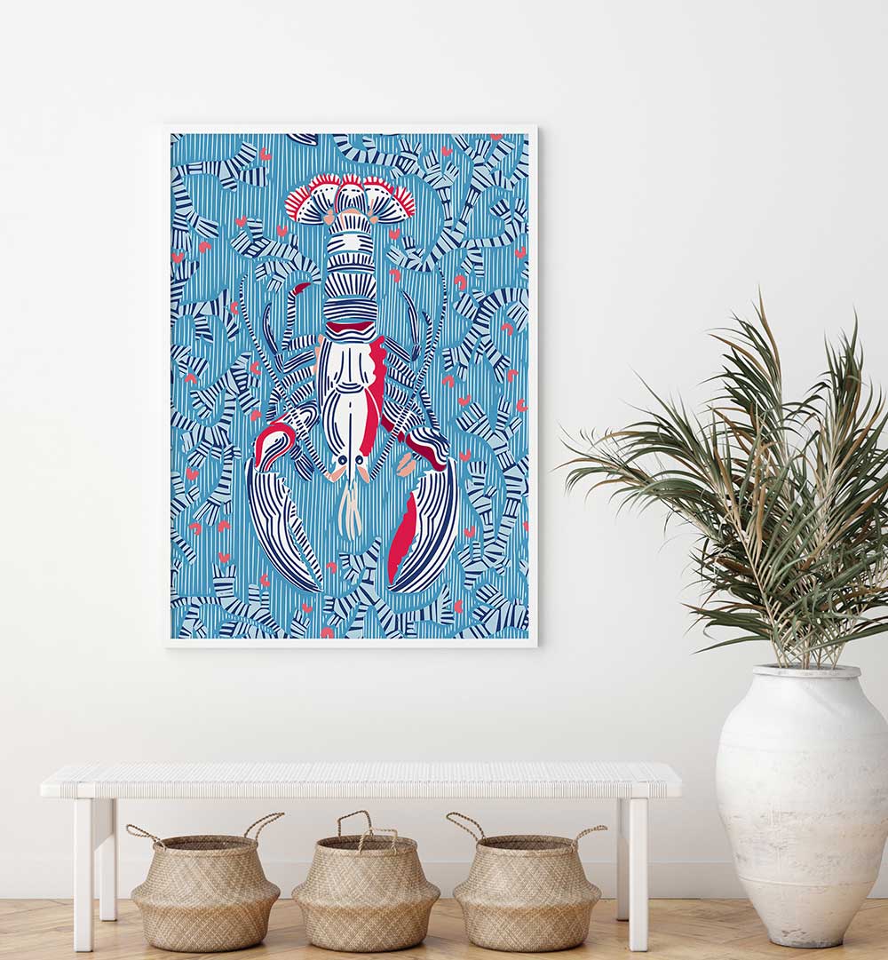 Colorful CRUSTACEAN BEACH PAINTINGS adorn a wall, bringing coastal vibes to your living space with vibrant sea life art.
