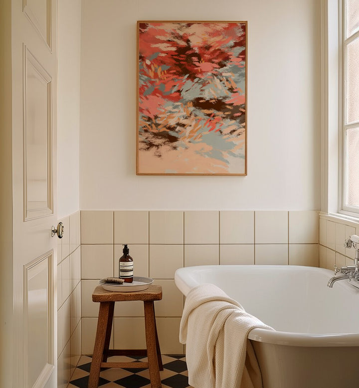 Elevate your space with AUTUMN SHADOWS I, ABSTRACT PAINTINGS, showcasing warm autumn hues in a stylish bathroom setting.