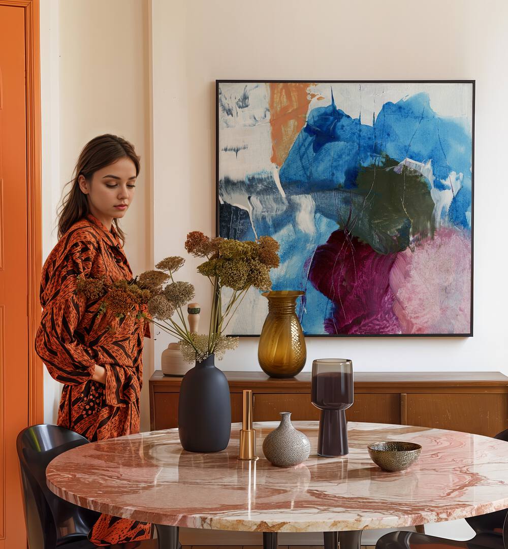 Explore the ALLA PRIMA XVII I, ABSTRACT PAINTINGS, showcasing vibrant textures and creativity in a stylish setting.