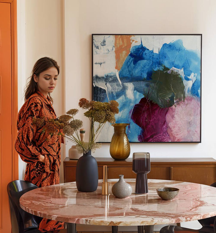 Explore the ALLA PRIMA XVII I, ABSTRACT PAINTINGS, showcasing vibrant textures and creativity in a stylish setting.