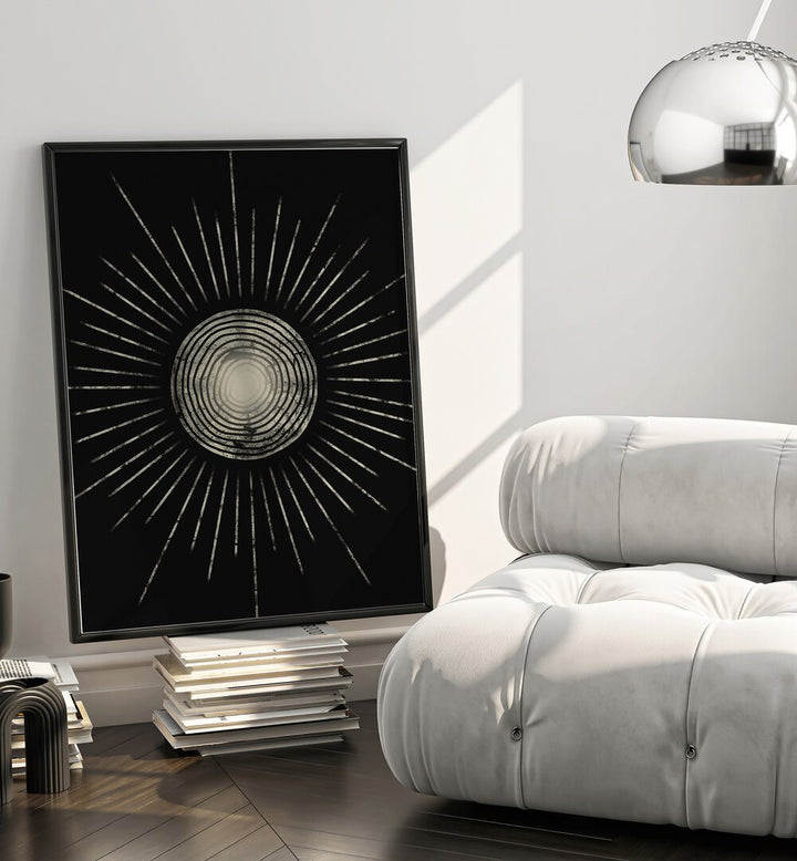 Stunning BLACK SUNNY DAY, GEOMETRIC ART PRINTS displayed in a stylish living room, enhancing modern decor.