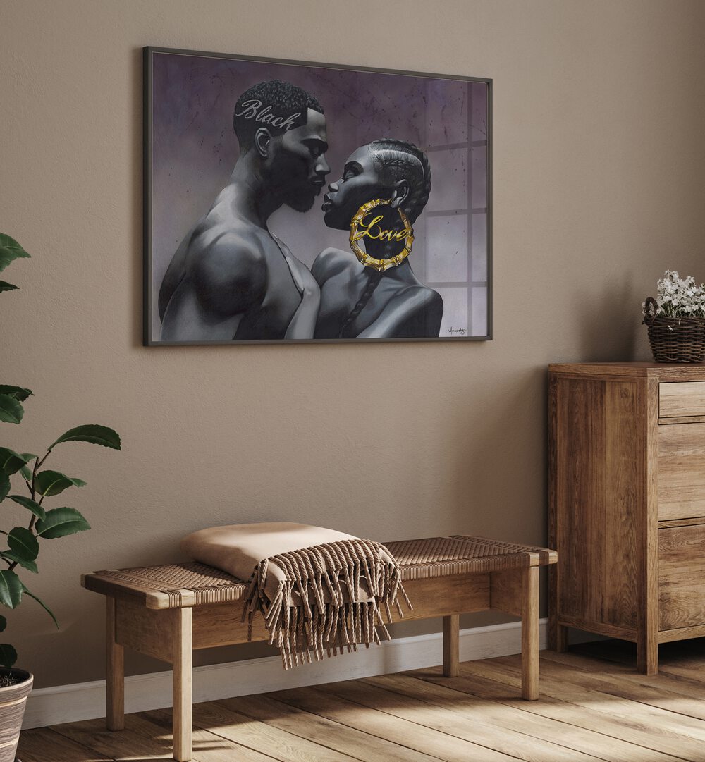 Elegant BLACKLOVE, AFRICAN ART PAINTINGS showcasing a couple in intimate embrace, perfect for enhancing any space.
