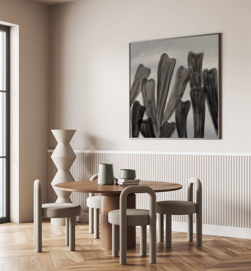 Stylish dining area featuring BOTANICAL ABSTRACT V, FLORAL FLOWER PAINTINGS for a modern touch in home decor.