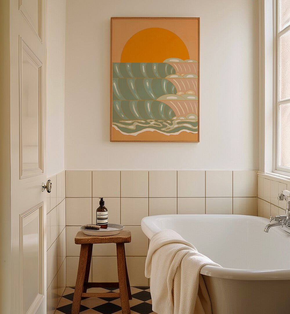 Golden Wave Landscape Paintings enhance any space, featuring vibrant waves and a warm sun in a serene setting.