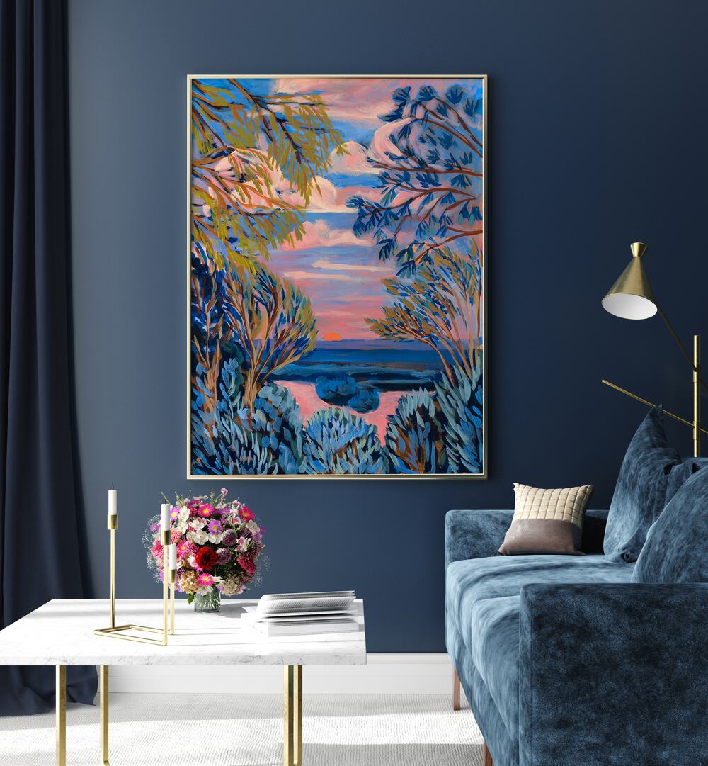 Captivating BLUE TEXAS HILL COUNTRY, LANDSCAPE PAINTINGS by Eleanor Baker adorns a modern living space with vibrant hues.